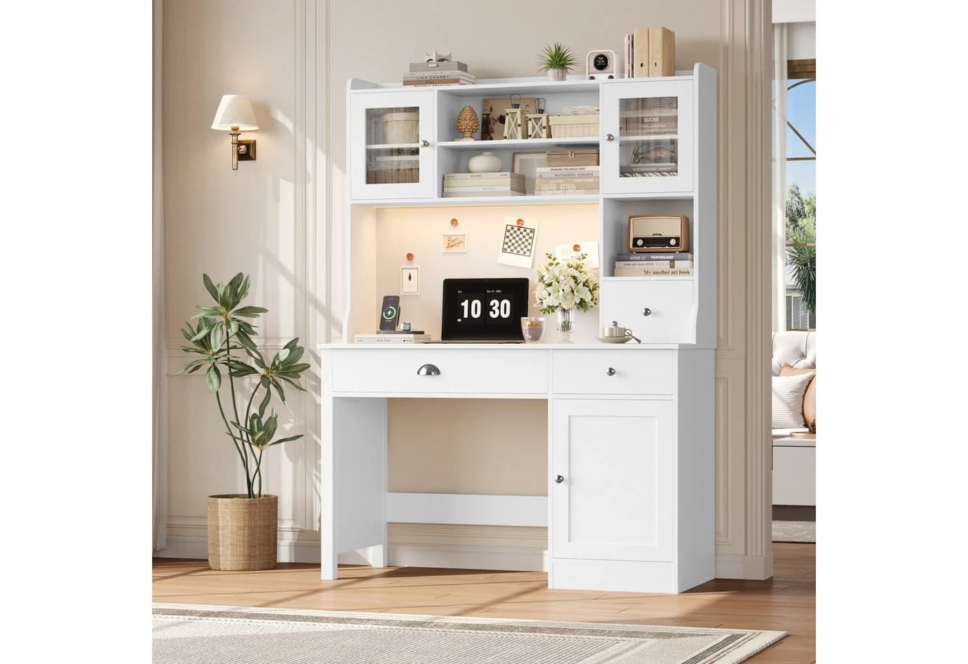 Homfa Schreibtisch mit LED, 2 Steckdosen und 2 USB, Schminktisch Computertisch Bürotisch weiß