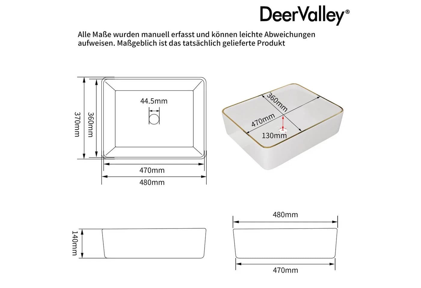DeerValley Aufsatzwaschbecken Weiß Goldrand Keramik