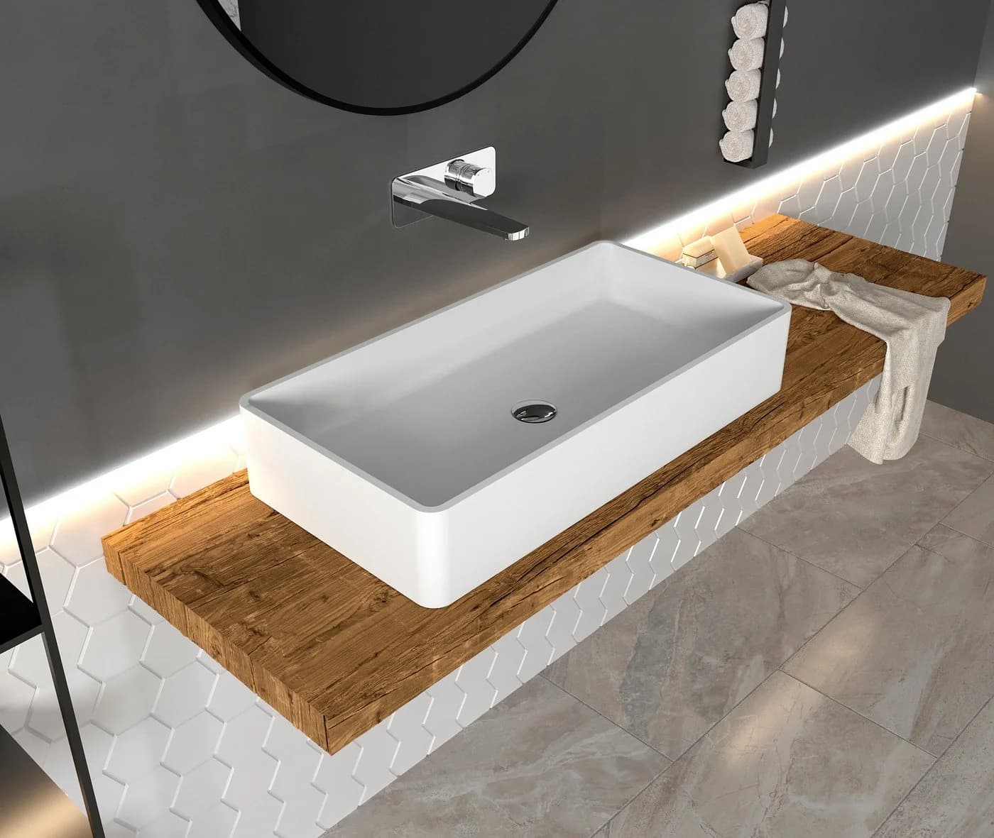 Bernstein Waschbecken PB2013 aus Mineralguss Solid Stone - 80 x 40 x 14,5 cm - Weiß Matt