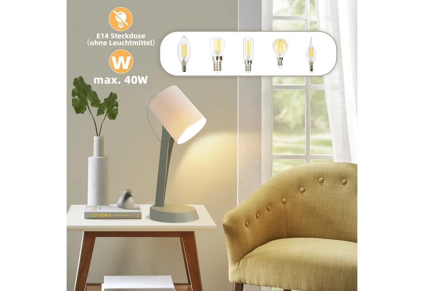 ZMH Tischleuchte Modern Landhausstil Tischlampe mit Kabel Wohnzimmer mit Kippschalter, 2er Set Kleine E14 Nachttischlampe für Esstisch Schlafzimmer