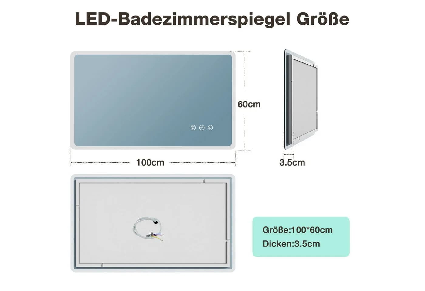 GIMBELEN Badspiegel mit LED-Beleuchtung, 100x60 cm, Dimmbar, 3 Lichtfarben