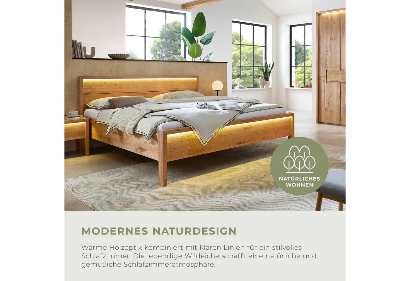 Home Affaire Ambroise Massivholzbett Wildeiche Braun LED