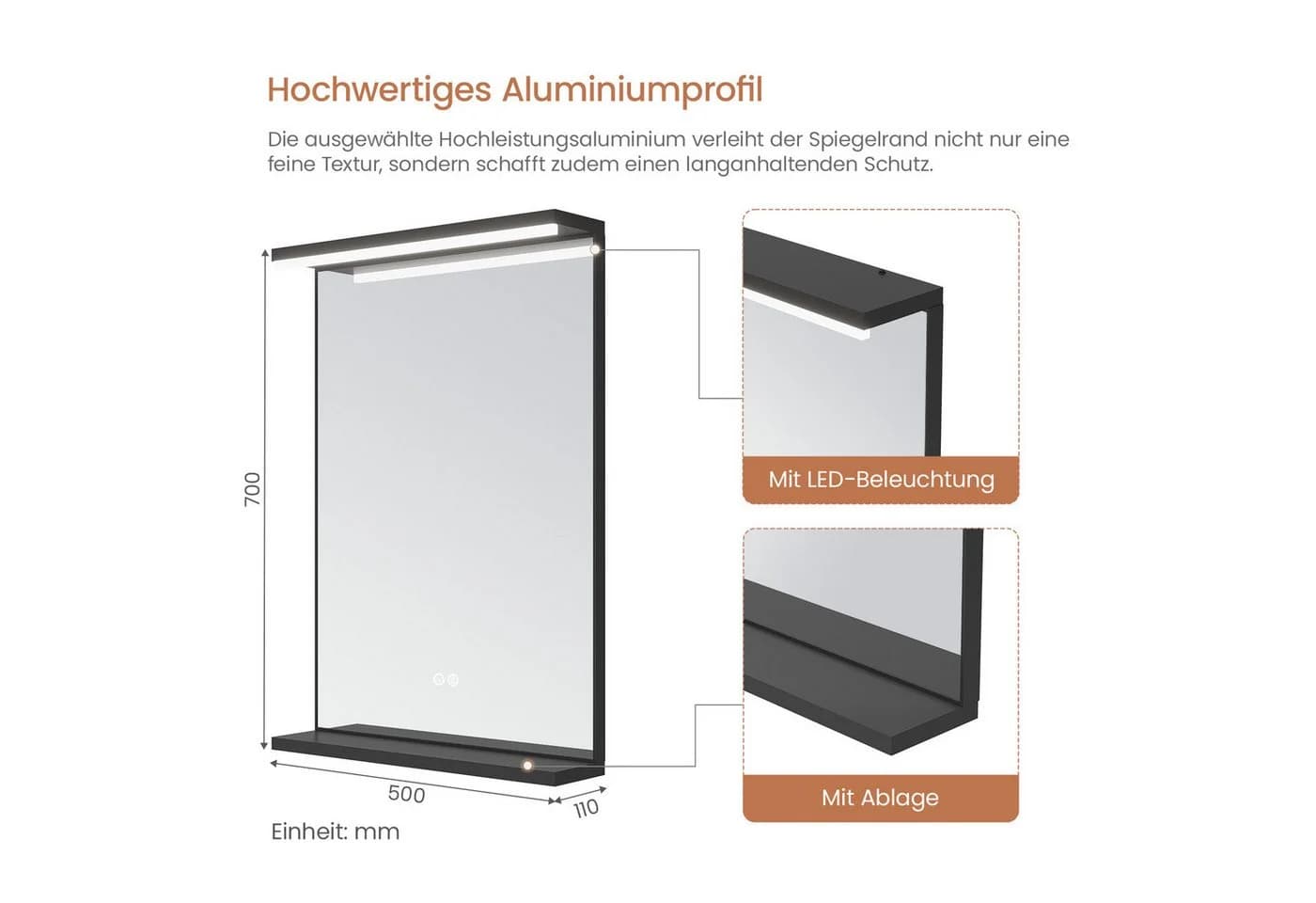 AQUABATOS LED Badezimmerspiegel Mattschwarz mit Antibeschlag