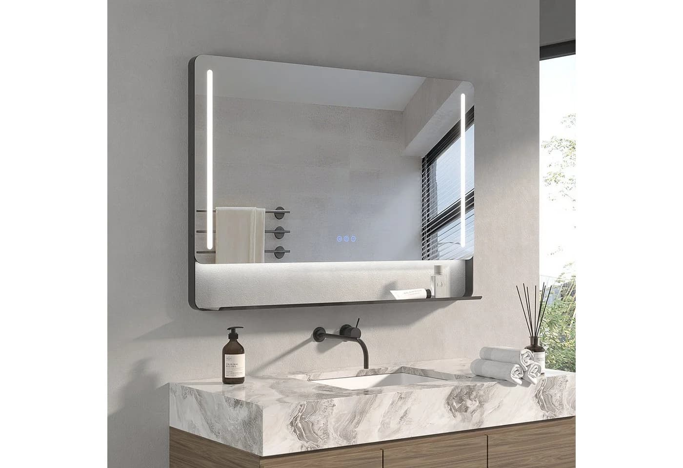 AQUABATOS Badspiegel mit LED, Ablage, Touch, Schwarz Matt