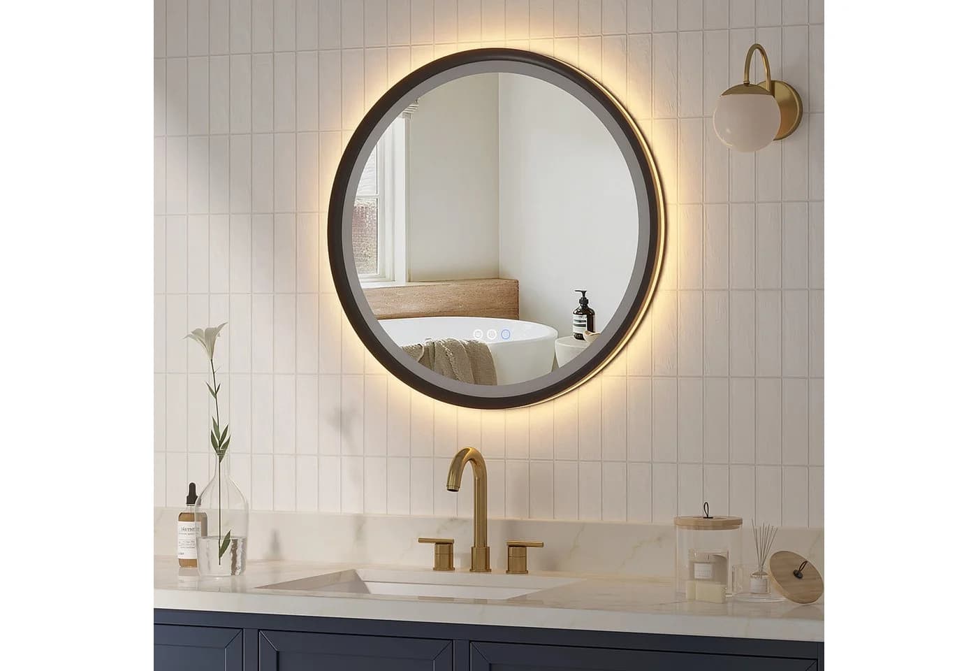AQUABATOS Badspiegel Rund 60cm LED dimmbar Matt Schwarz