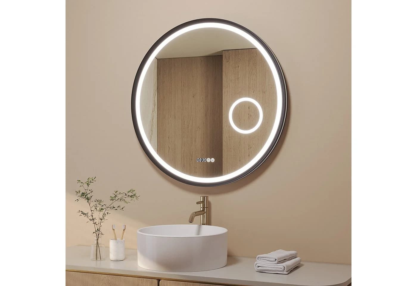 AQUABATOS Badspiegel Rund mit LED Beleuchtung 80 cm Wandspiegel, 3-fach-Vergrößerung, Kosmetikspiegel, Touch, Anti-Beschlag, Uhr, IP44