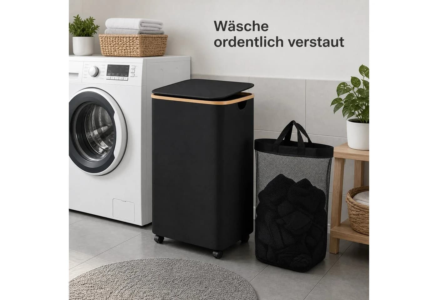 AIMAX Faltbarer Wäschekorb 100L mit Deckel, Rollen & Bambusgriffe Schwarz