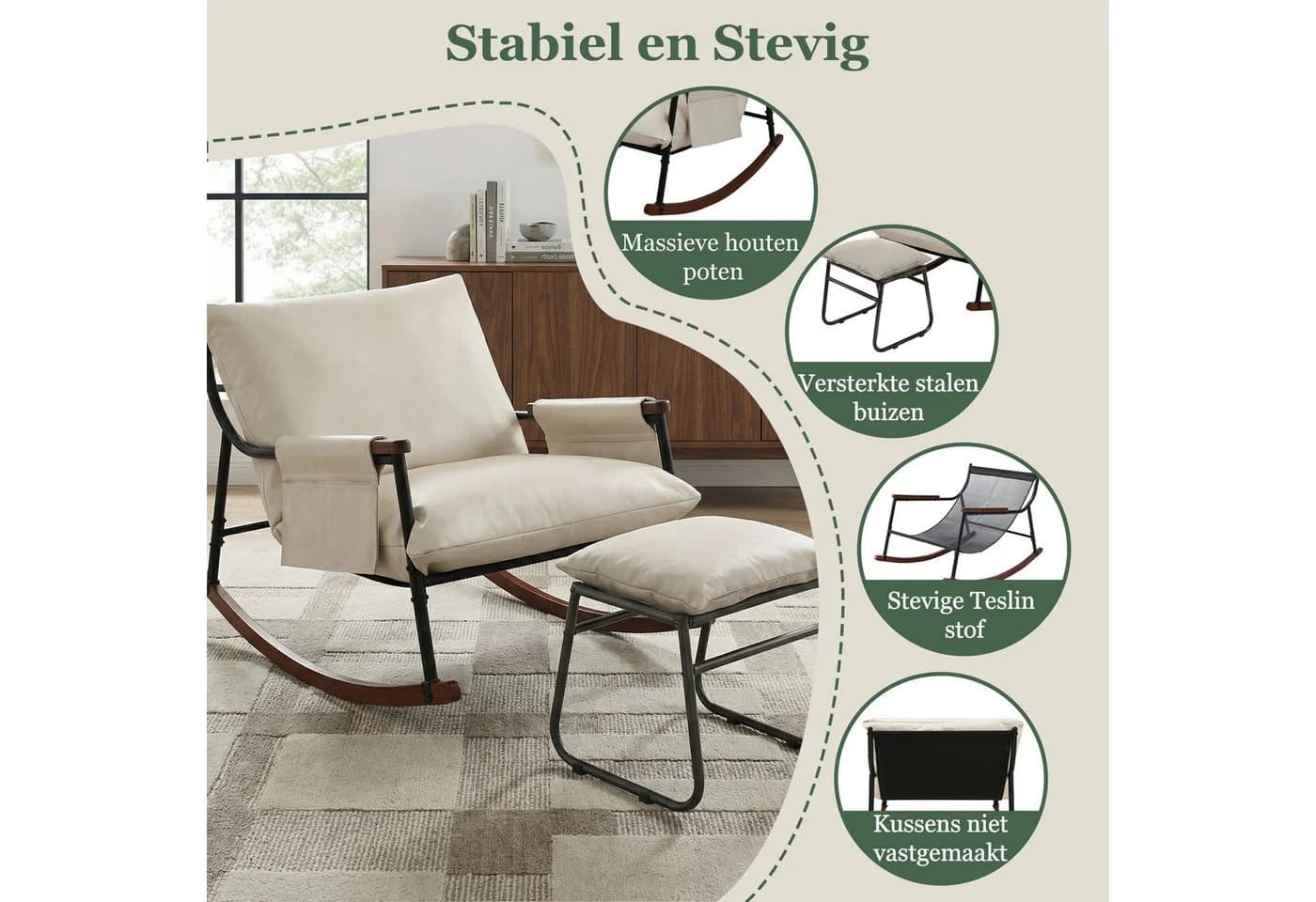 HomeMiYN Schaukelsessel mit Hocker Beige Metall