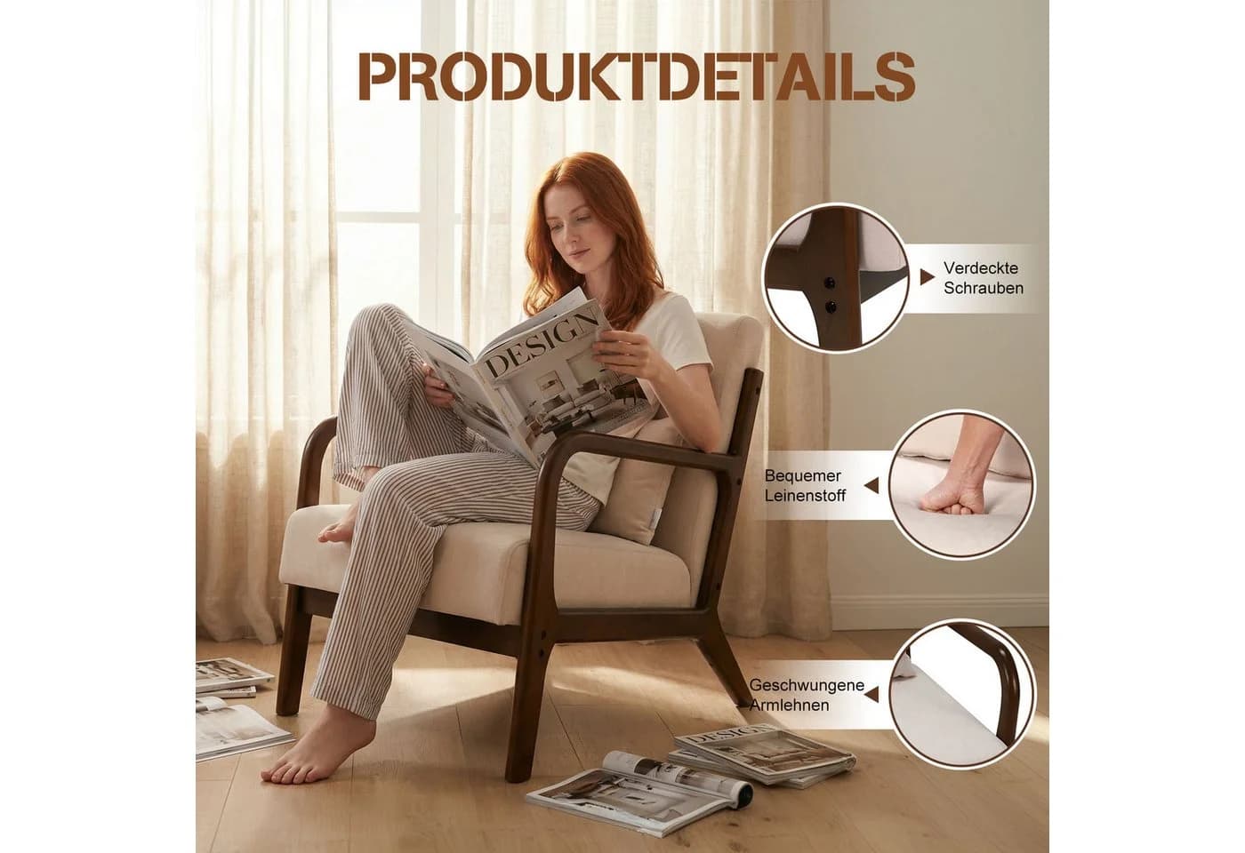 HomeMiYN Ohrensessel Relaxsessel Braun Vliesstoff Holzrahmen