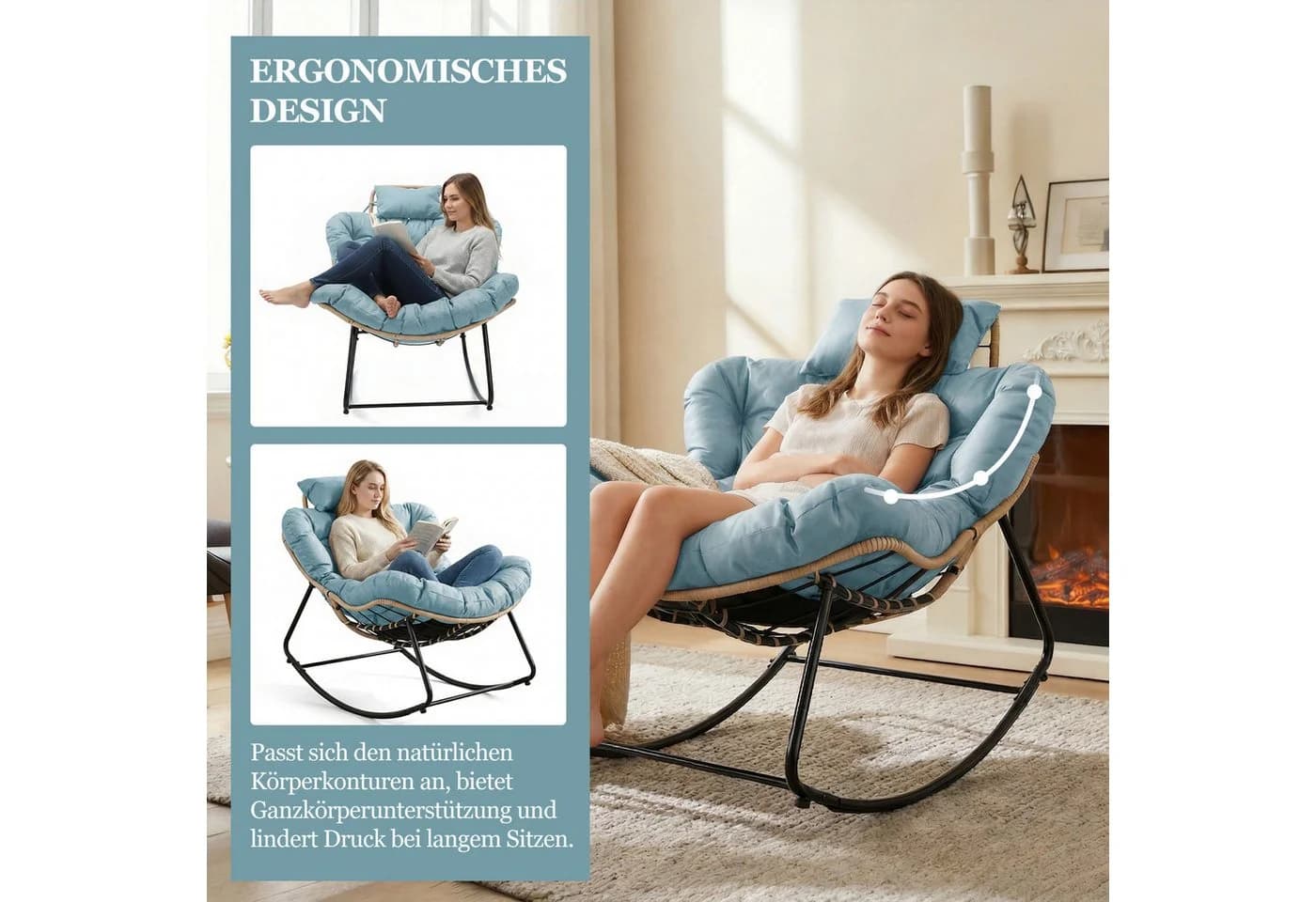 HomeMiYN Schaukelsessel Gepolstert Relaxstuhl Stahlrahmen PVC-Rattan