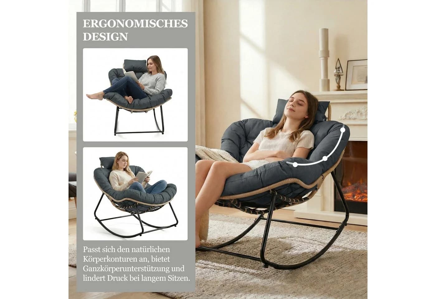 HomeMiYN Schaukelsessel Gepolsterter Relaxstuhl Grau PVC-Rattan
