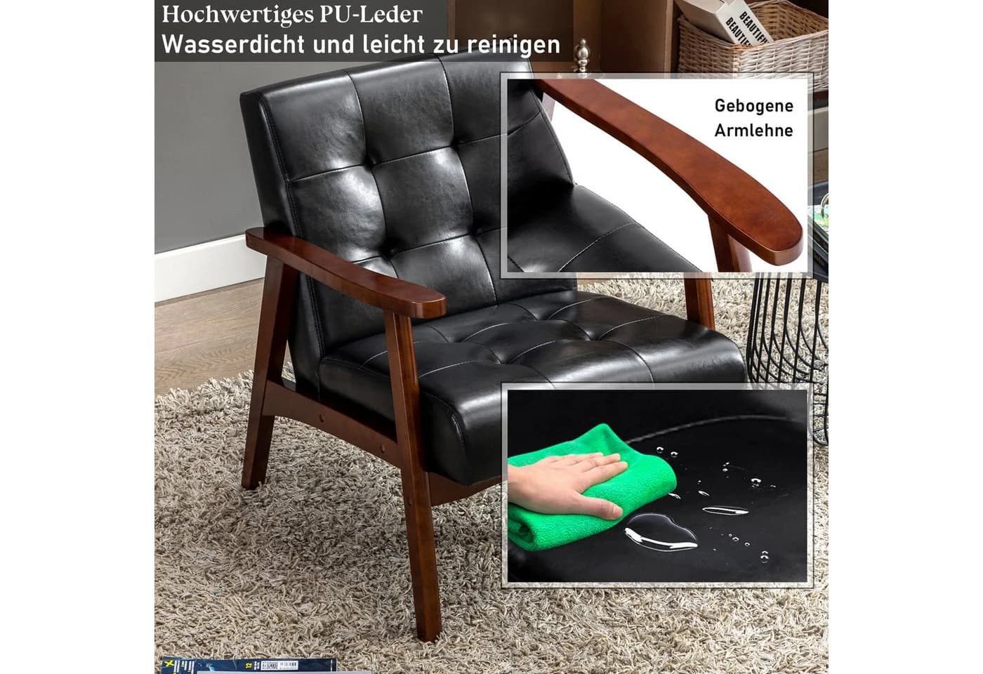 HomeMiYN Ohrensessel Skandinavischer Kunstleder Sessel Schwarz