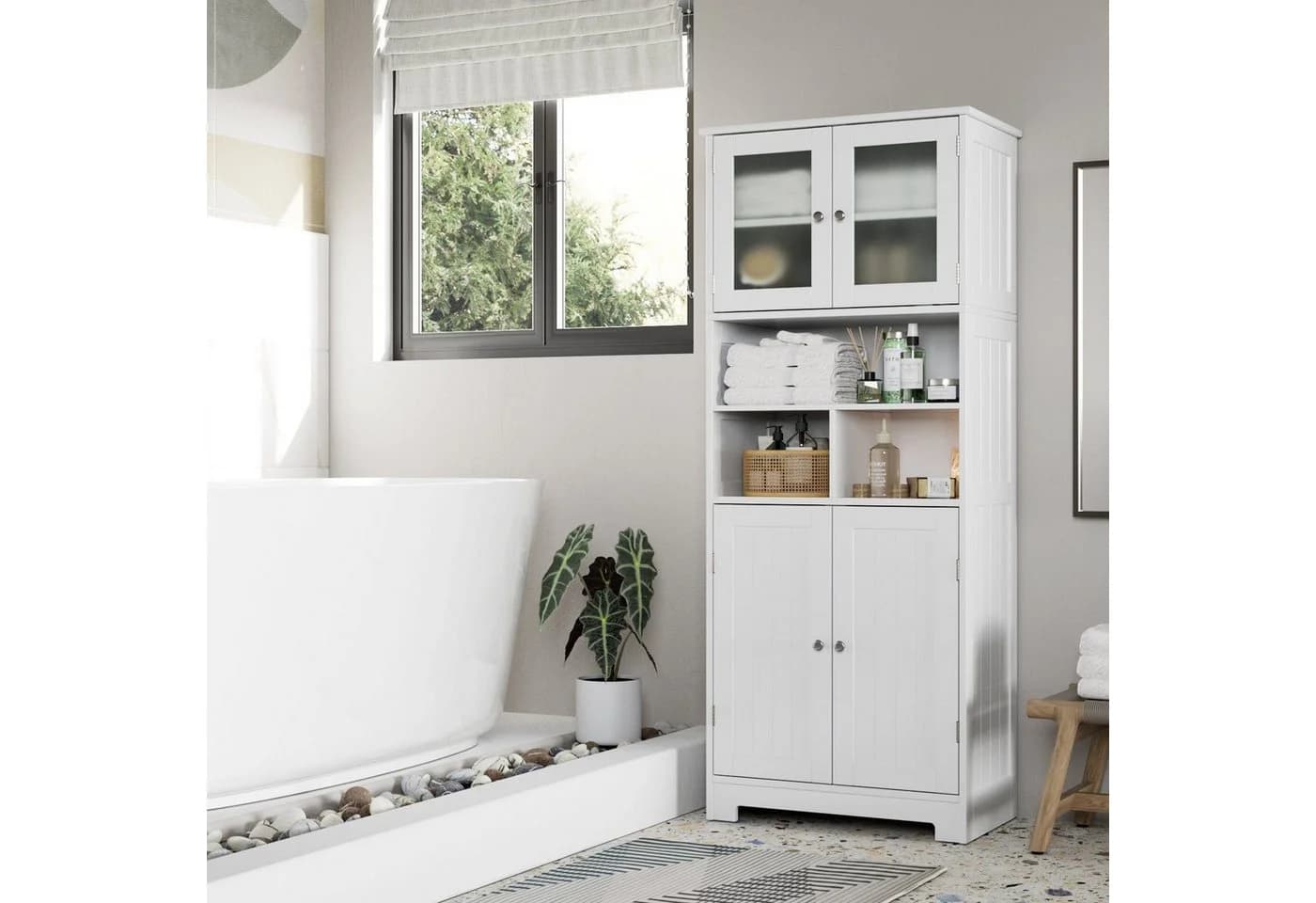 HOMECHO Hochschrank Badezimmerschrank Badschrank 3 Fächer 4 Türen Weiß