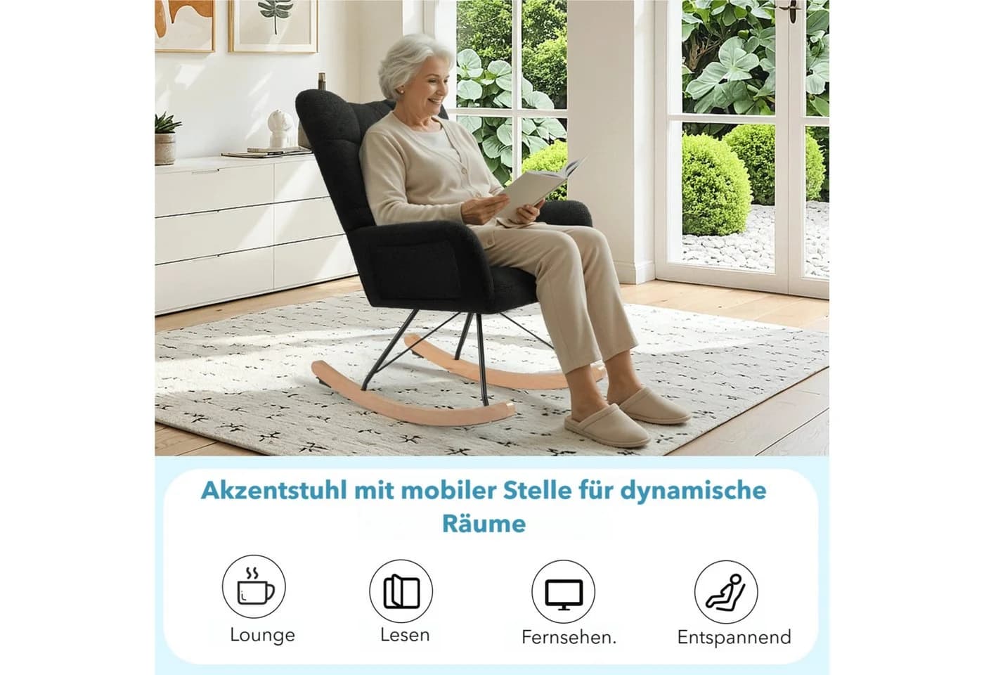 TLGREEN Relax-Schaukelstuhl Schwarz Teddyflor-Bezug