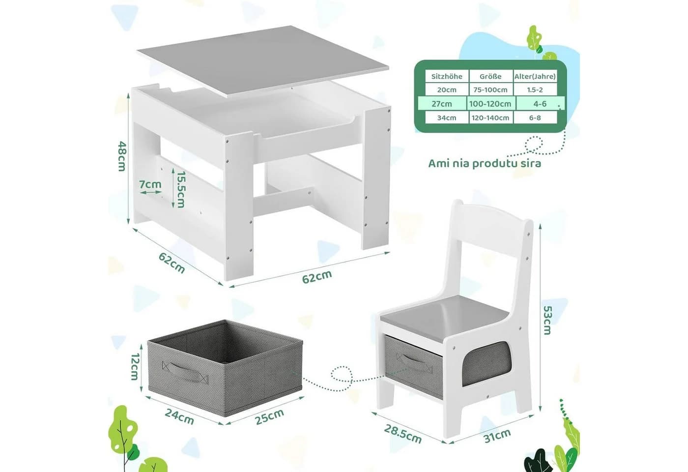 TLGREEN Kindersitzgruppe 3-in-1 mit Whiteboard & Stauraum
