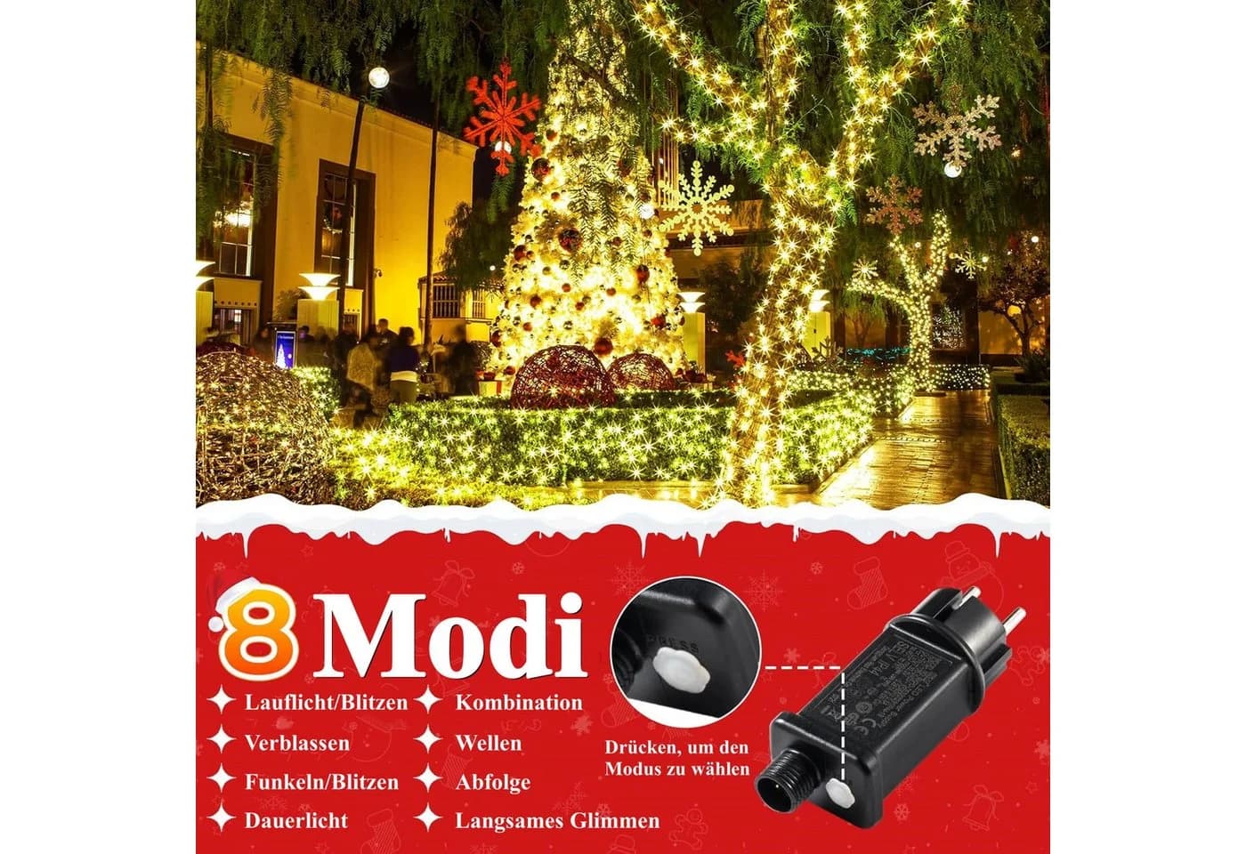 Elegear LED-Lichterkette 10-100M Warmweiß 8 Modi Lichtervorhang Weihnachtsbaum Deko