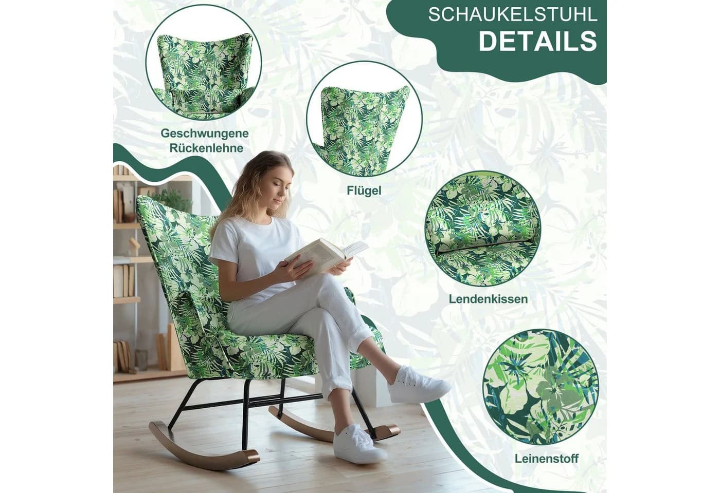HomeMiYN Schaukelstuhl mit Metallgestell und Holzsockel, Grün