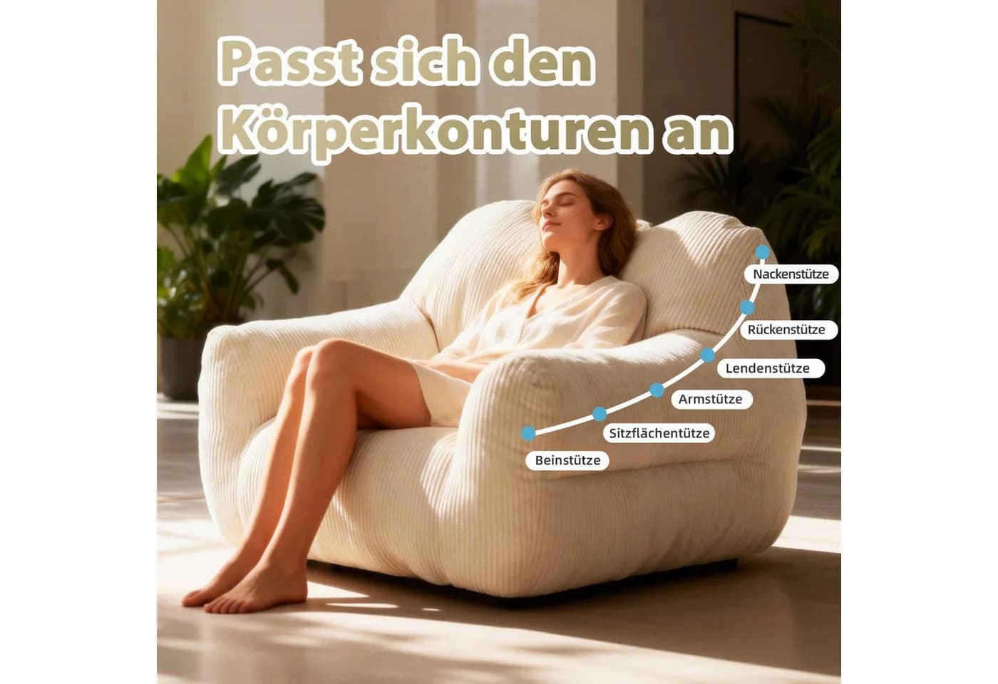 HomeMiYN Sitzsack „Cube“ Cord Creme – Ergonomischer Riesen-Sitzsack