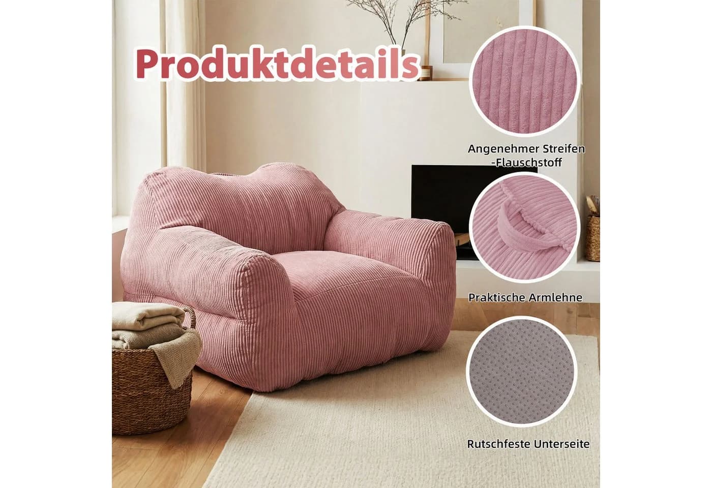 HomeMiYN Sitzsack „Cube“ Rosa Cord mit Tragegriff