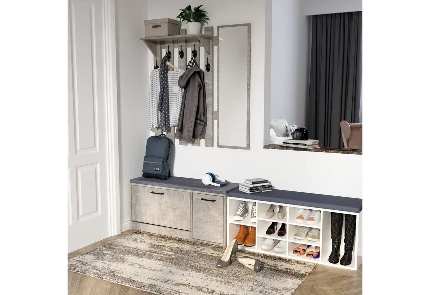 Mondeer Garderobenpaneel Garderobe mit Spiegel Wandhalter mit 5 Häkchen 100 x 106 x 22 cm