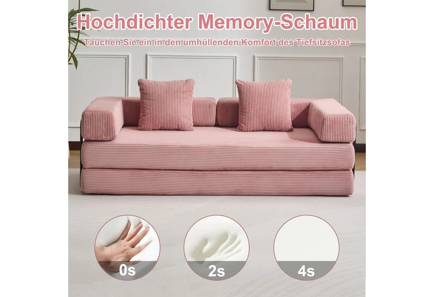 Leawin 4-in-1 Schlafsofa Rosa Cord mit Bettfunktion