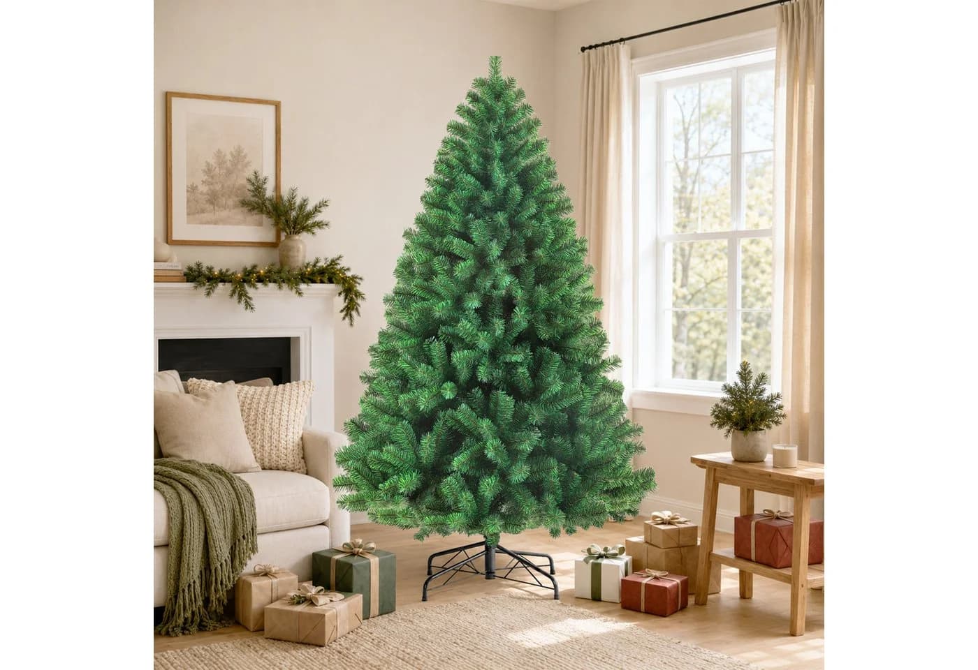 MIUI Künstlicher Weihnachtsbaum 180/210 cm PVC Nordmanntanne Warmweiße LED-Beleuchtung