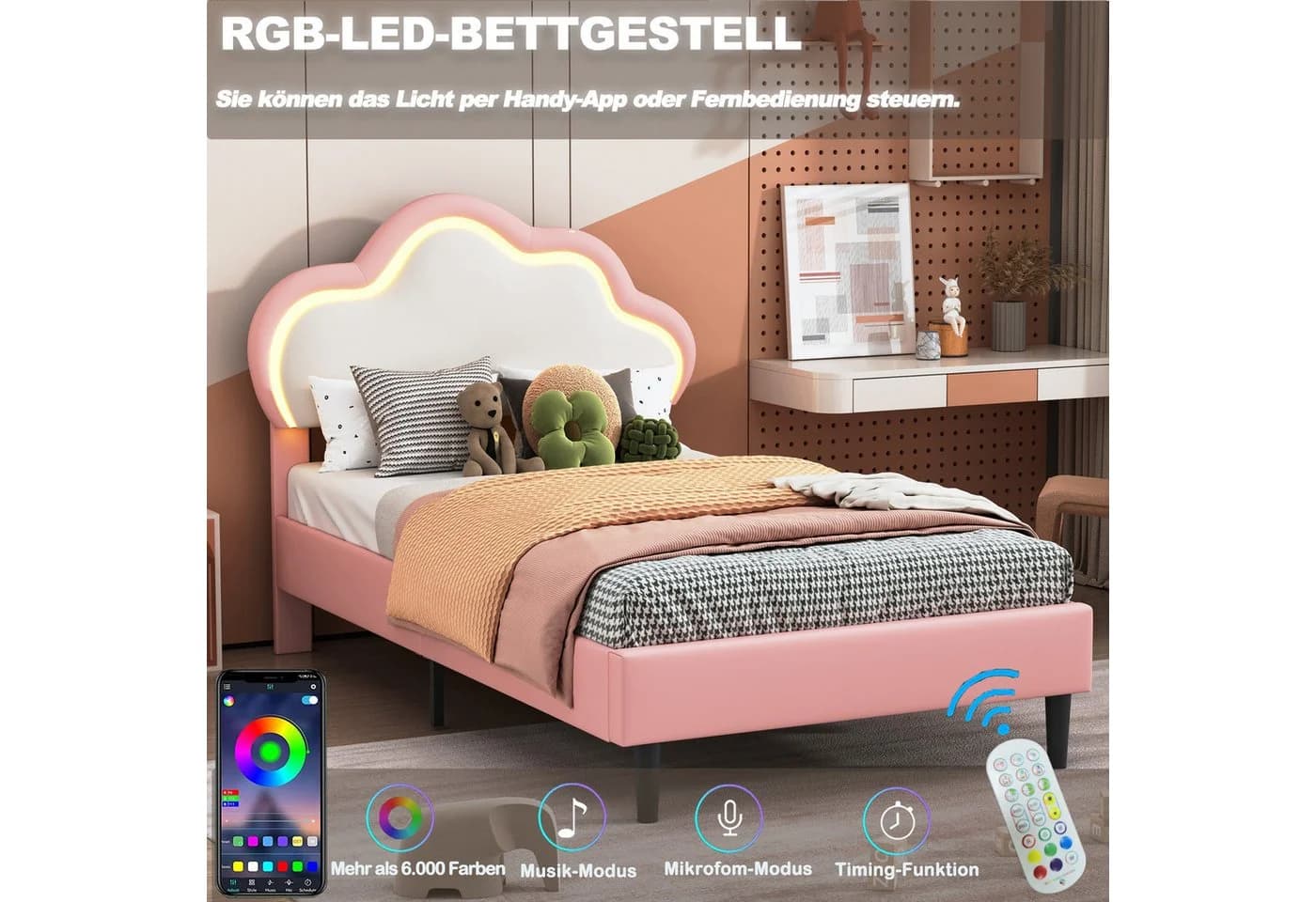 Simurq Polsterbett Rosa mit LED-Beleuchtung Wolken-Design