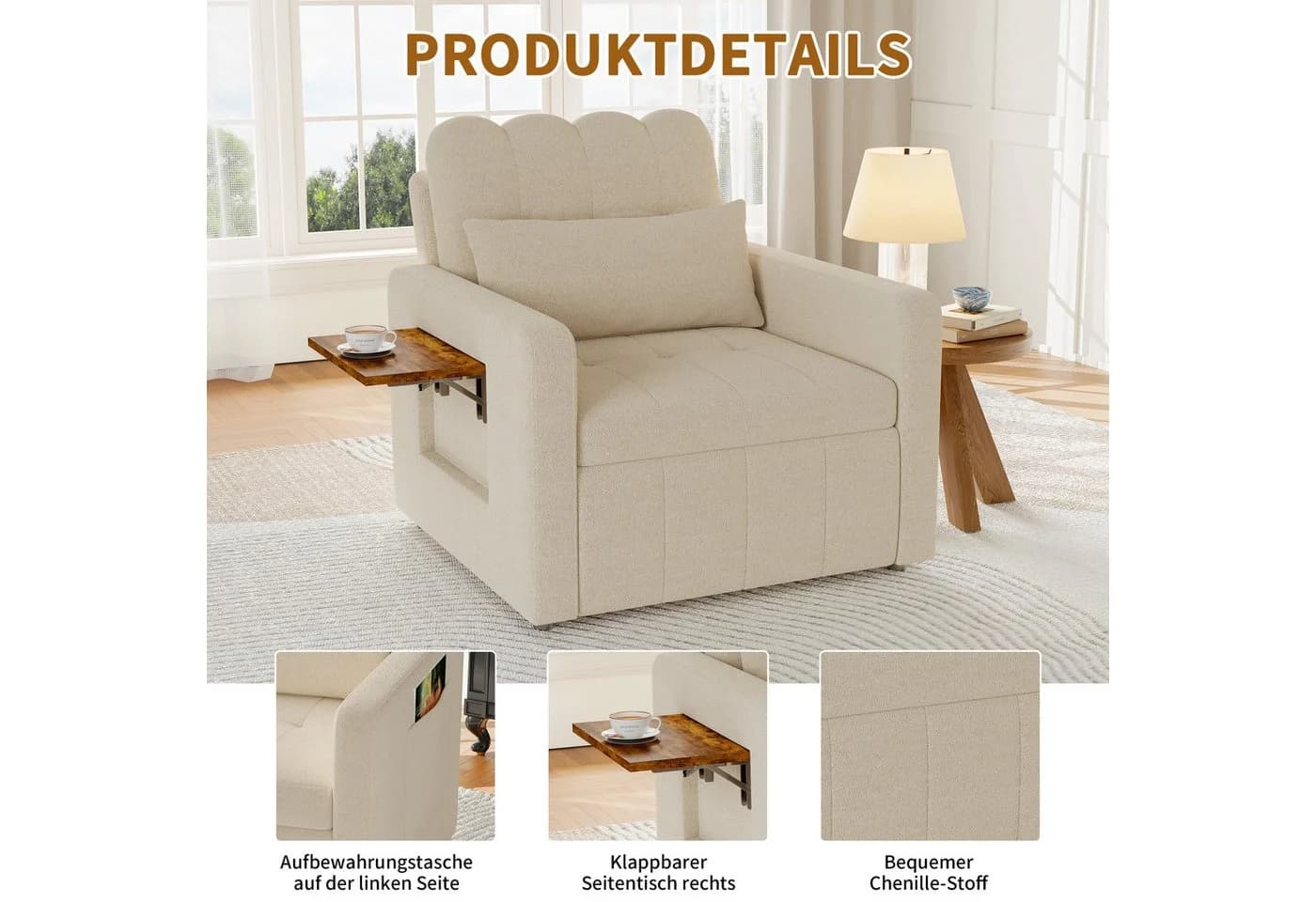 Simurq Relaxsessel Klappbar Chenille Beige mit Tischchen & Rollen
