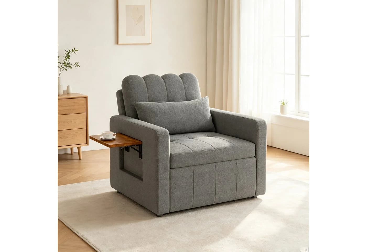 Simurq Schlafsofa Grau Chenille Schlafsessel mit Beistelltisch