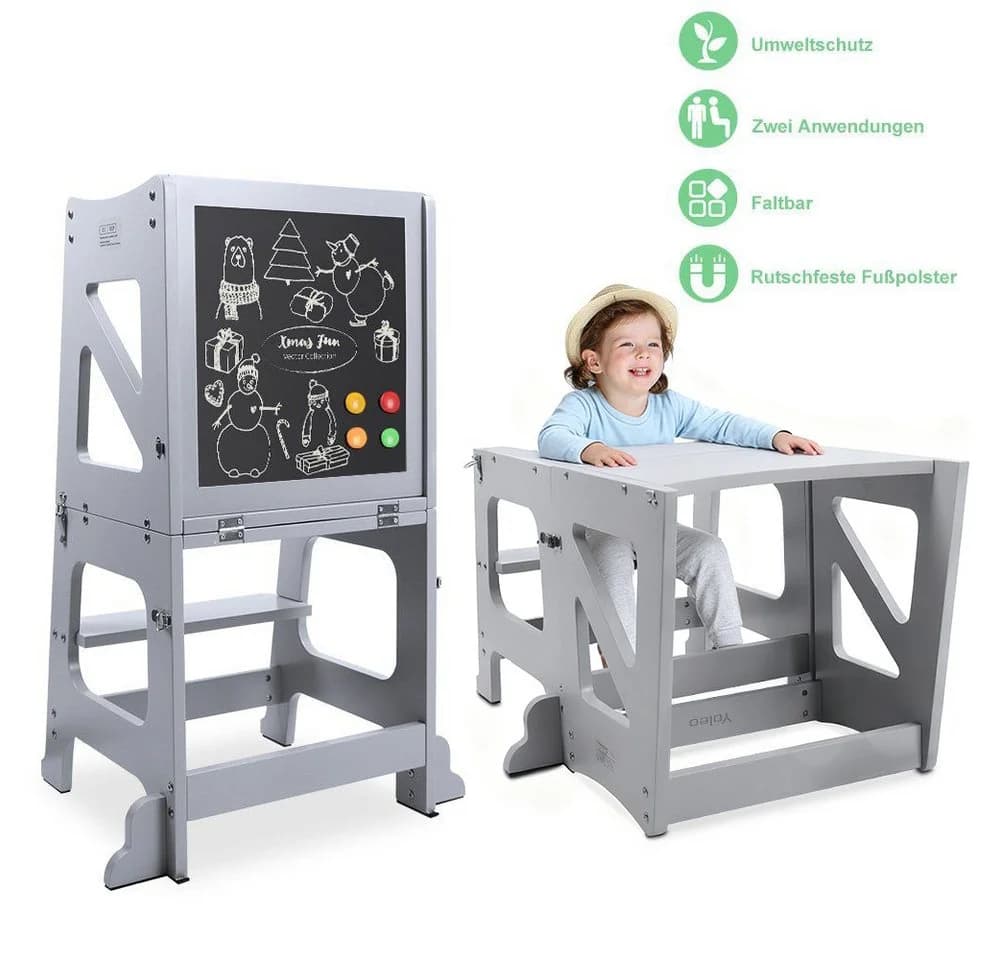 YOLEO Kinderstuhl 2 in 1 Lernturm mit Sicherheitsstange Grau