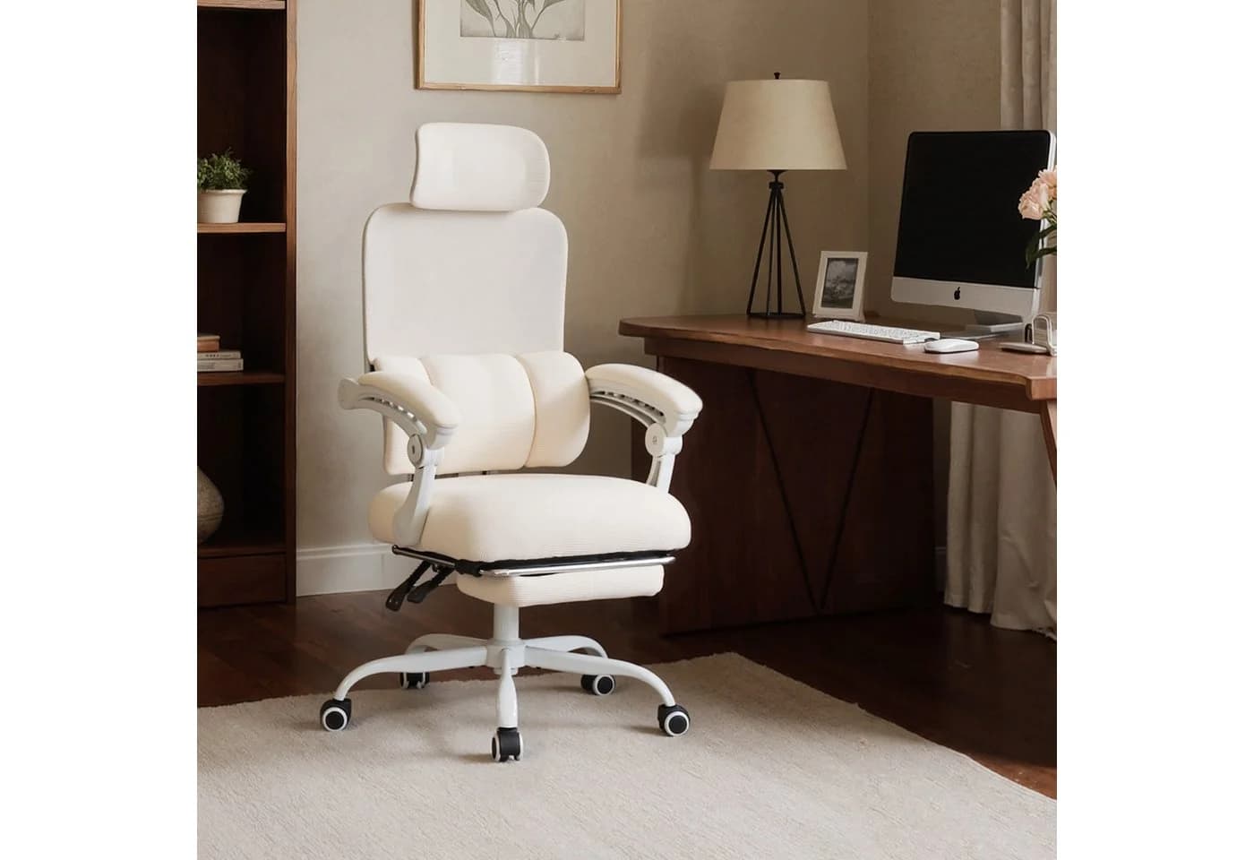 UEV Bürostuhl Ergonomisch mit Fußstütze Beige Mesh