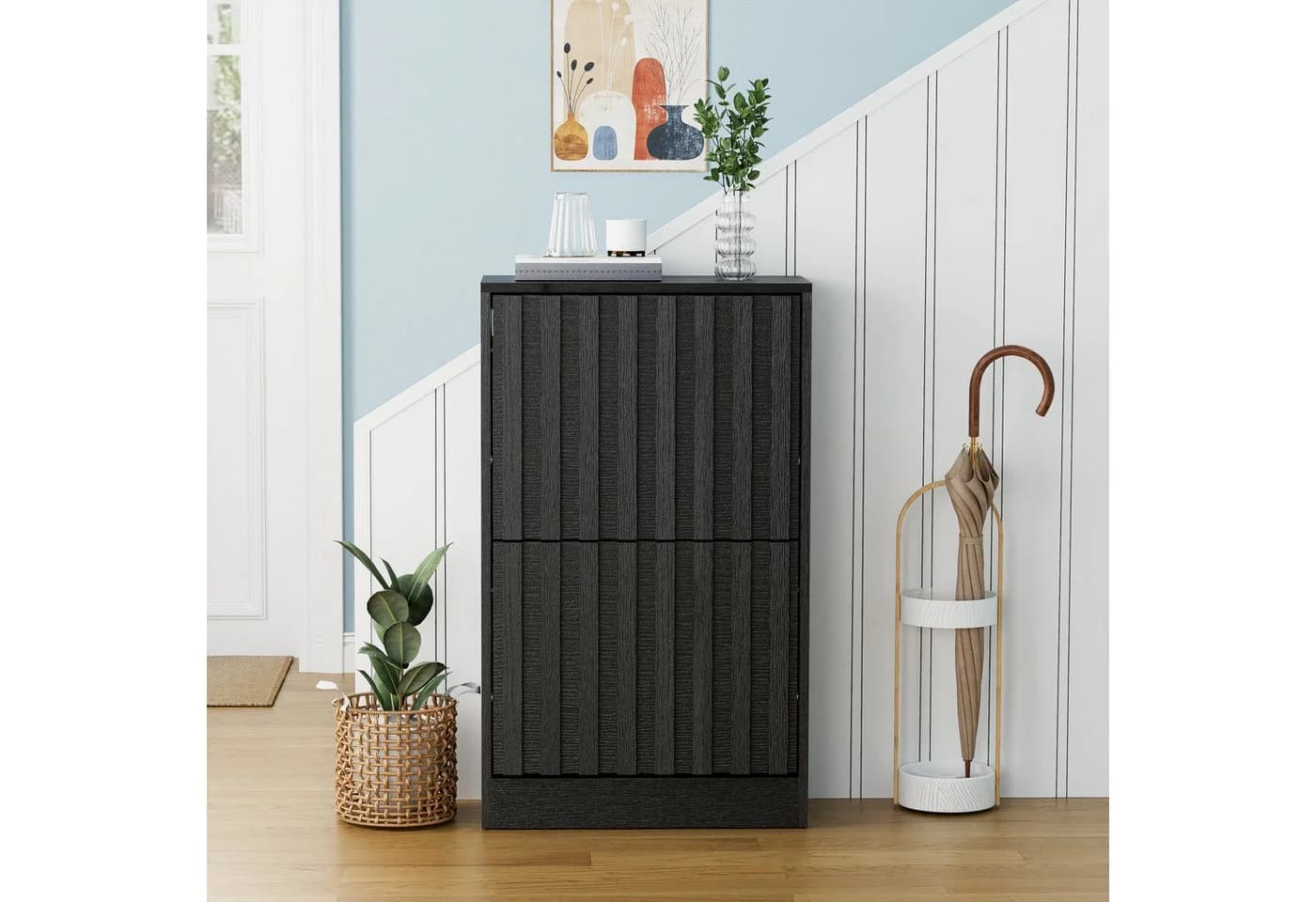 UEV Schuhschrank 2 Klappen Schwarz Holzwerkstoff