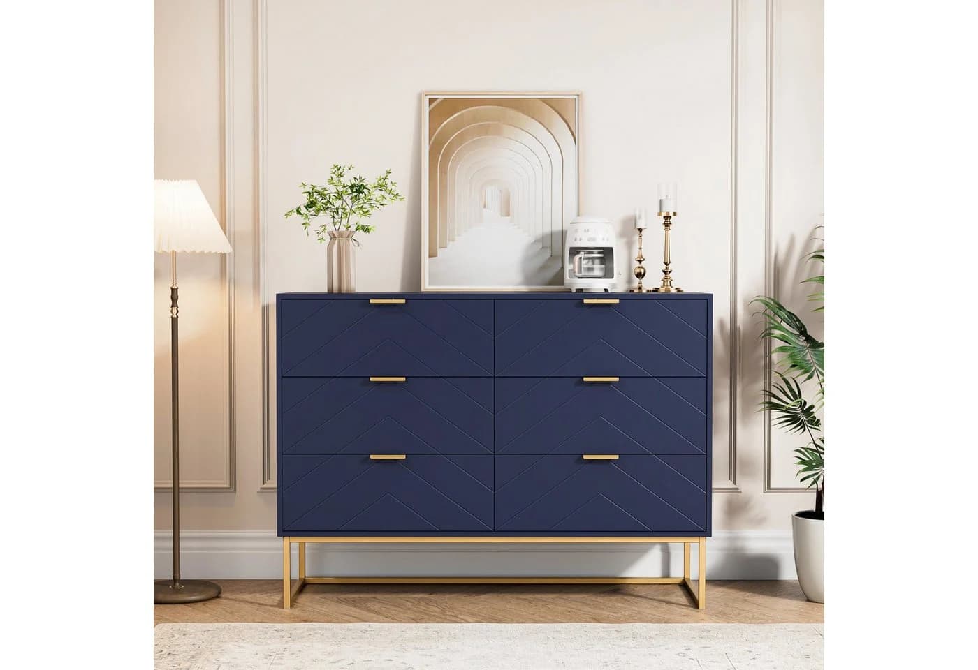 UEV Sideboard mit 6 Schubladen, Highboard Mehrzweckschrank mit Kipp-Schutz, 100x34x73,5cm, Küchenschrank Buffet TV Board Schrank mit Füße Aufbewahrungsschrank