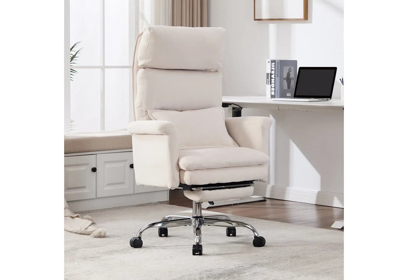 UEV Bürostuhl Ergonomisch mit Fußstütze Beige/Schwarz Mesh