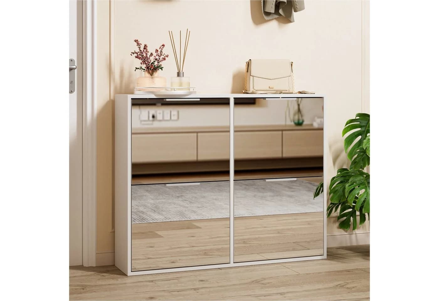 UEV Schuhschrank mit 4 Klappen & Spiegel Weiß/Schwarz