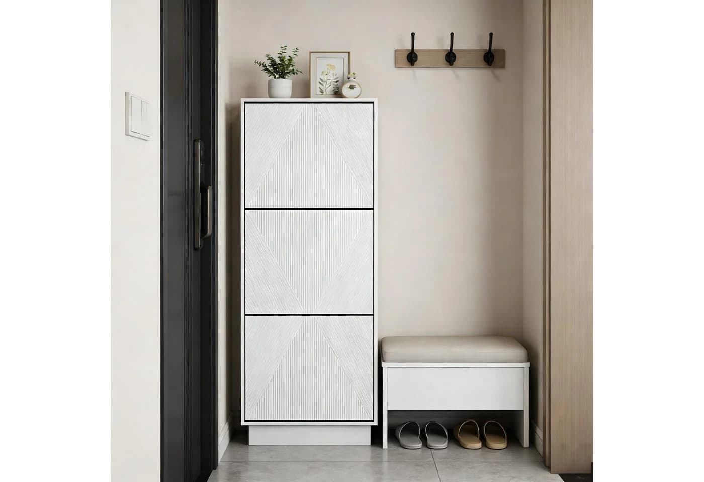 UEV Schuhschrank mit 3 Klappen Schwarz/Weiß Hoch Schmal