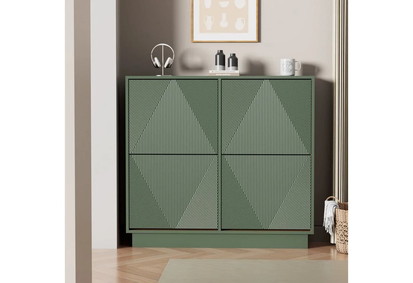 UEV Schuhschrank mit 4 Klappen Moka/Grün Push-to-open