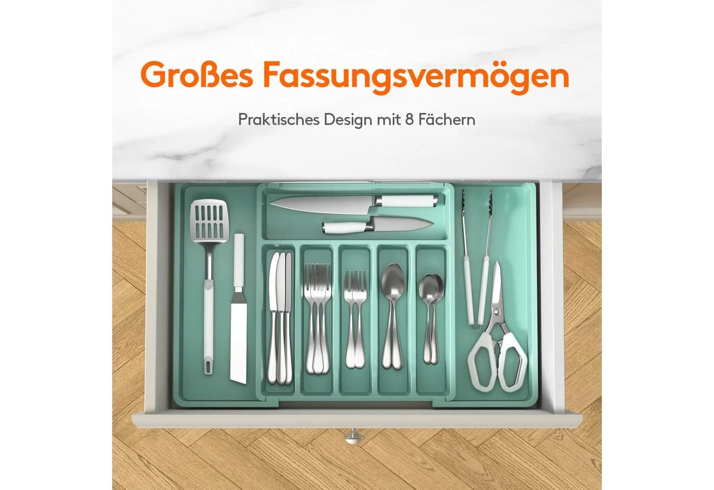 Lifewit Besteckeinsatz Besteckkasten für Schubladen, Verstellbarer Besteckhalter Türkis