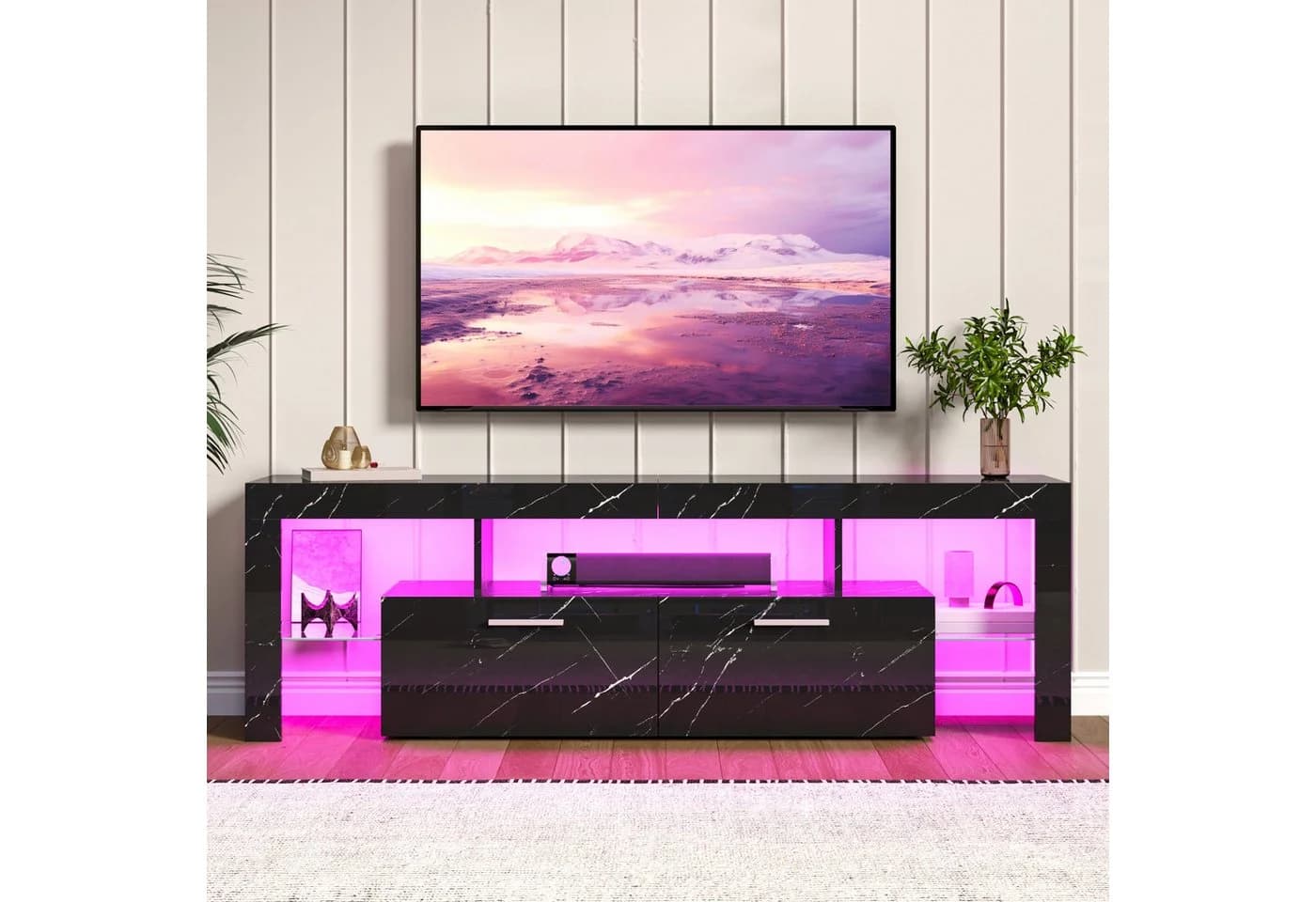 Hyaapwod TV-Schrank Schwarz Hochglanz mit LED-Beleuchtung