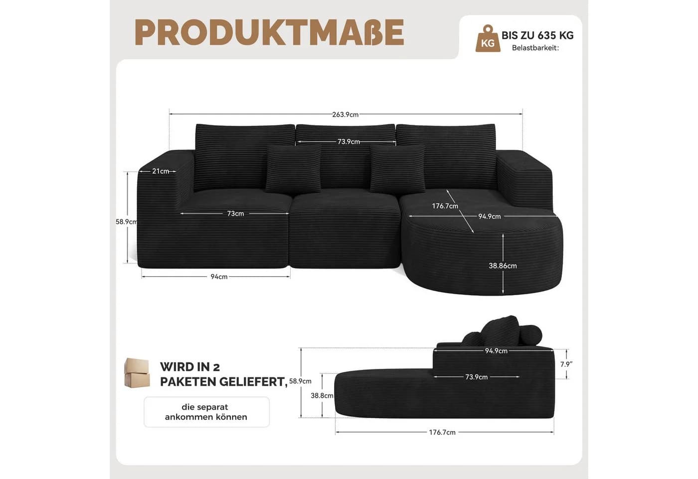 HawthyHome Cloud-Cord Ecksofa L-Form Schwarz Cordstoff
