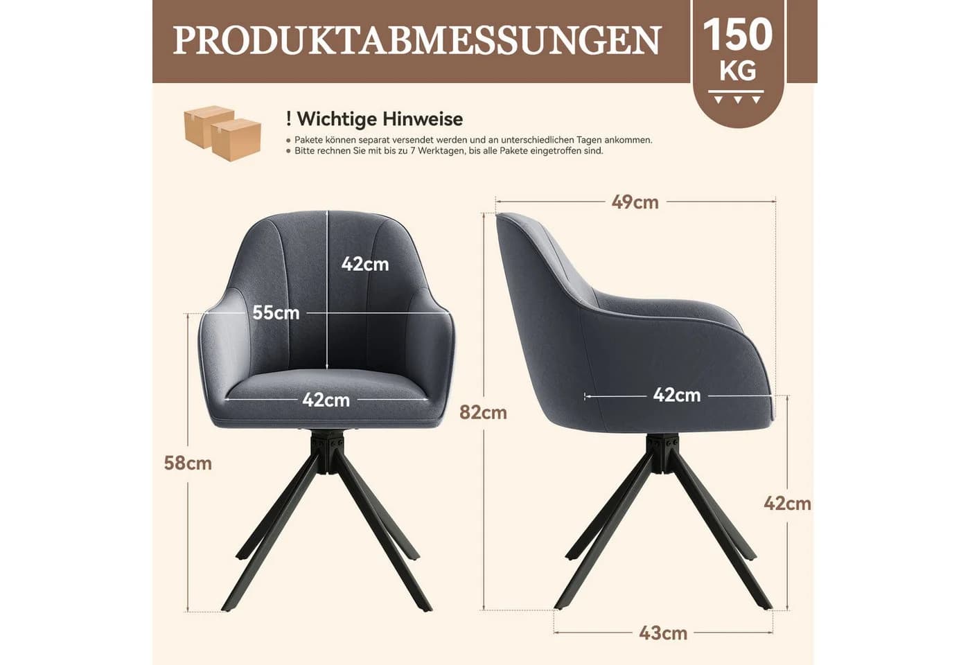 HawthyHome Polsterstuhl 360° drehbar mit Armlehne Grau Samt