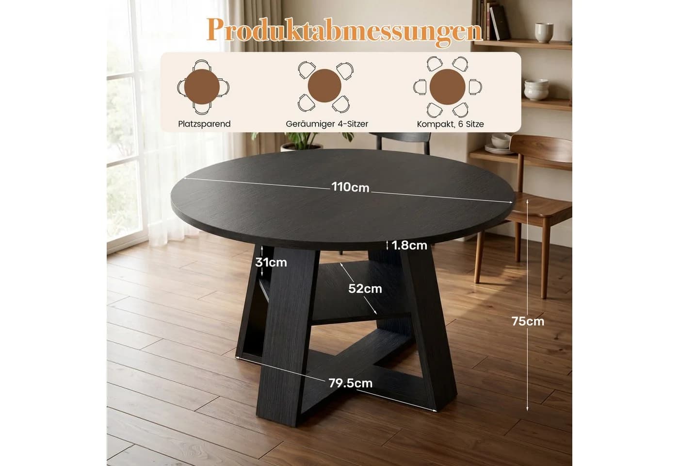 HawthyHome Runder Esstisch aus Holz mit Ablagefach & X-Gestell Schwarz