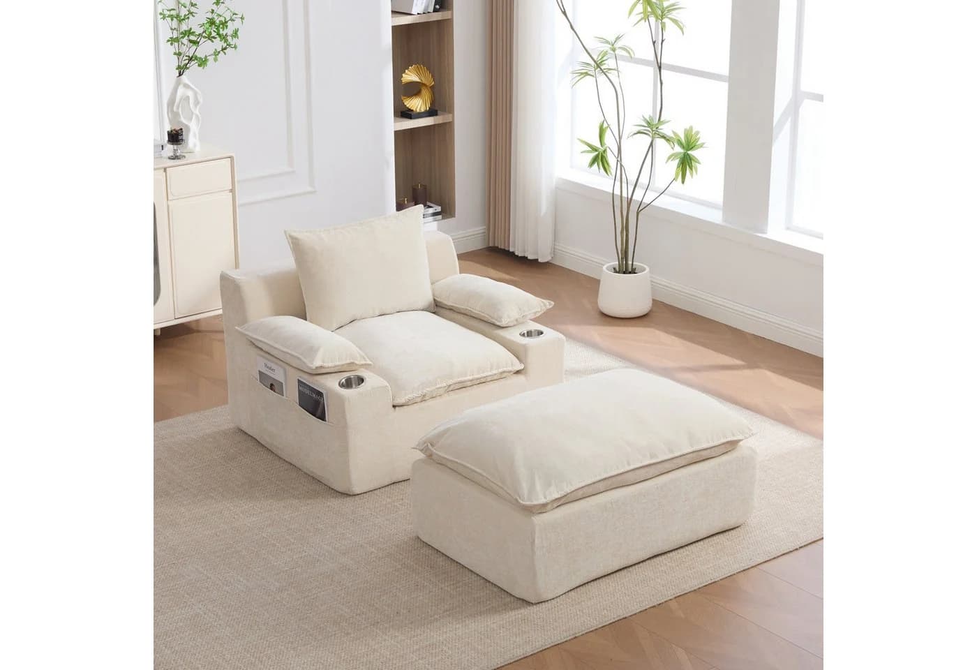 ANYSUN Relaxsessel Chaiselongue mit Ottomane Beige Chenille