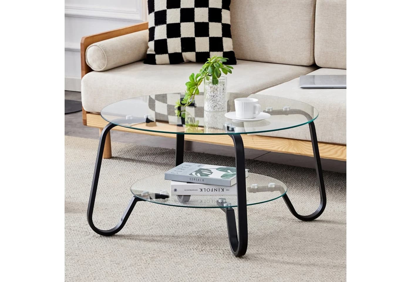 ANYSUN Couchtisch Glas Rund 80cm Silber Metallrahmen