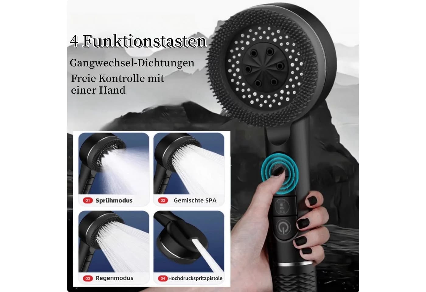 Forrlite Duschbrause Handbrause Duschkopf mit Hohem Druck 4 Strahlarten Ein-Knopf-Stopp Filtersystem Anti-Kalk-Düsen