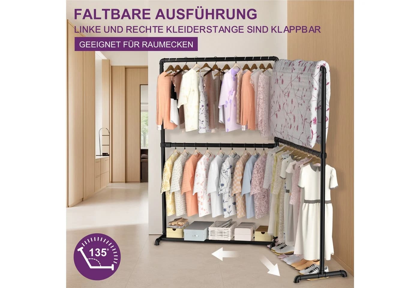 loefme Kleiderständer 150 kg Tragkraft 170 cm Metall Schwarz