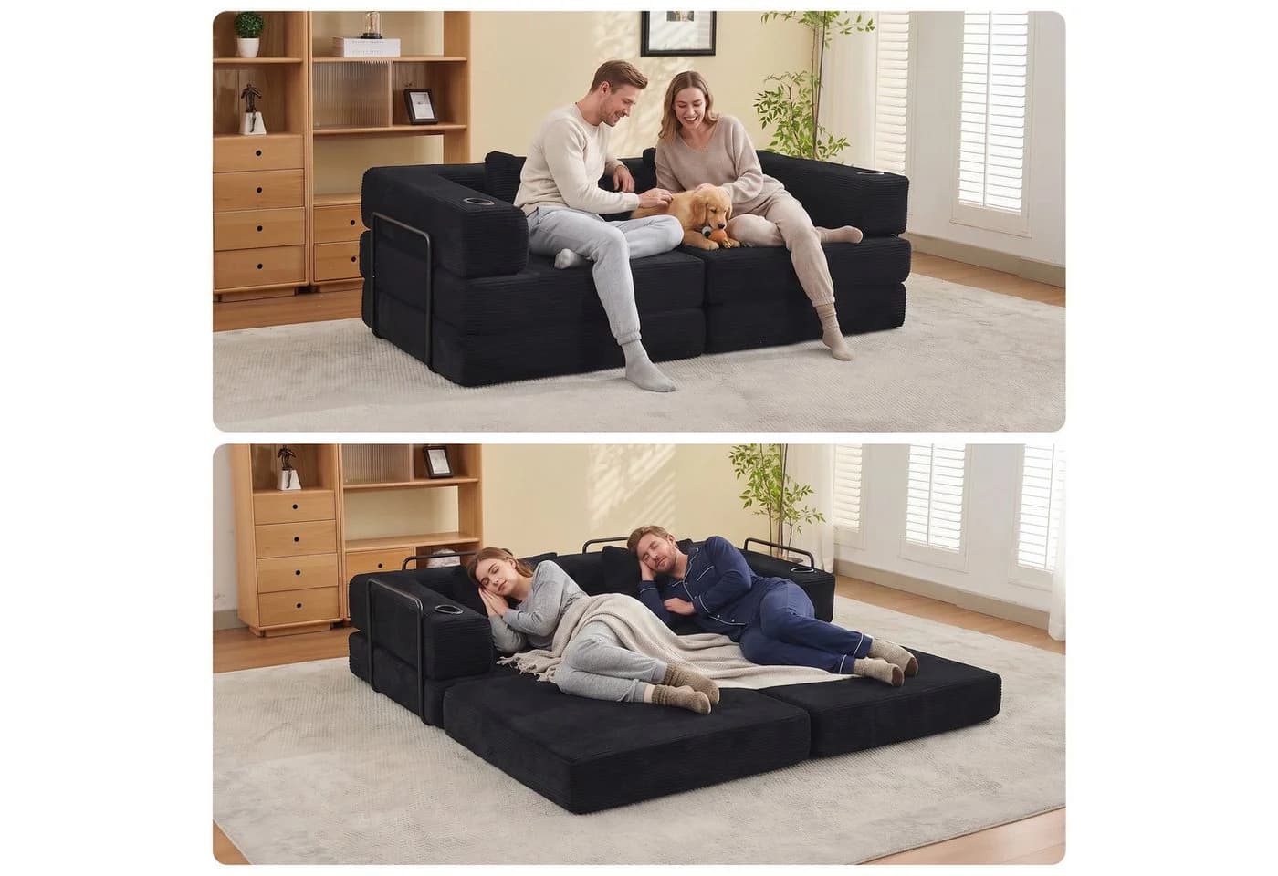 Leawin 2-Sitzer Schlafsofa Schwarz Cord mit Schlaffunktion