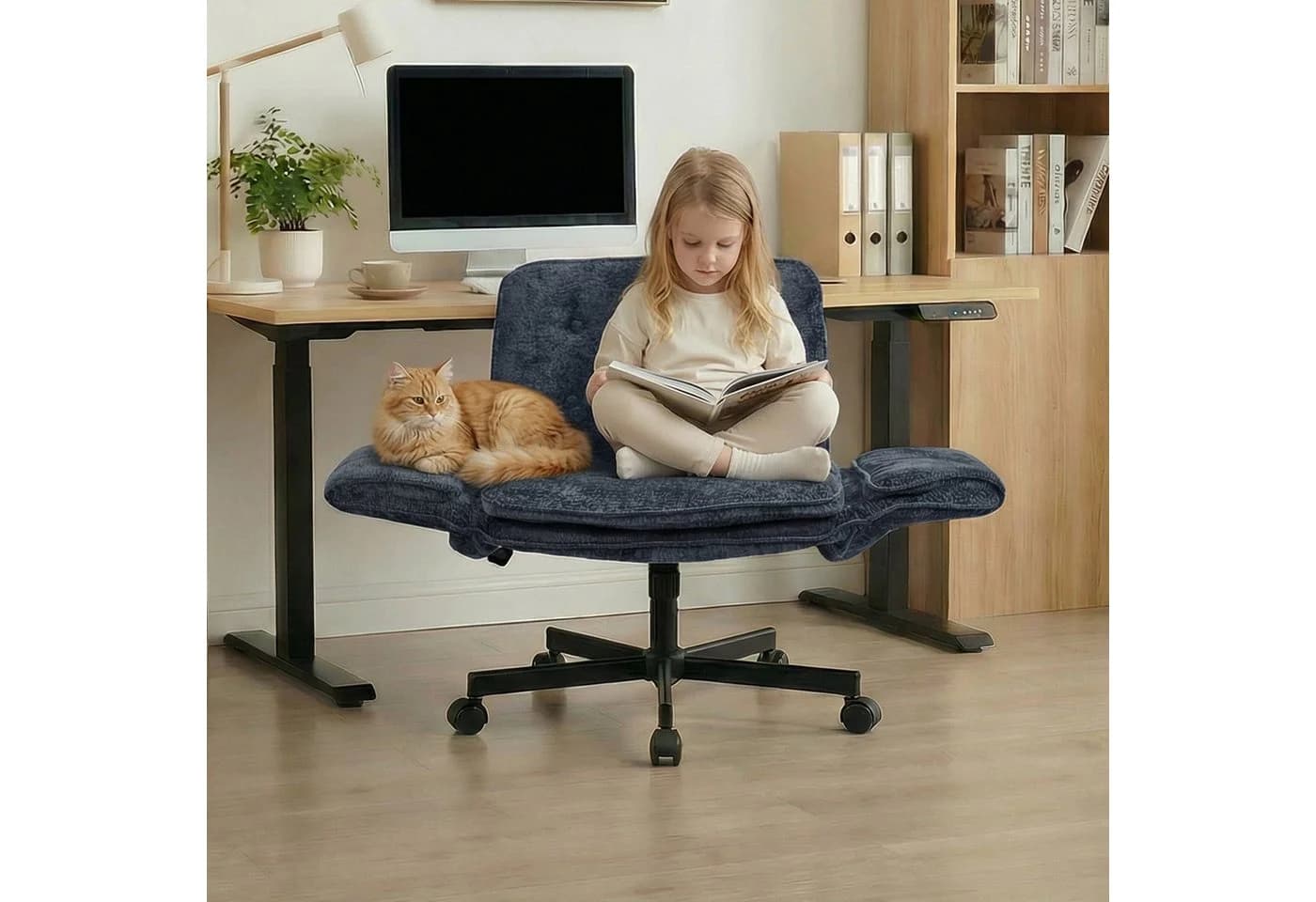 Leawin Bürostuhl ergonomisch mit 5-fach verstellbaren Armlehnen Chenille Blau