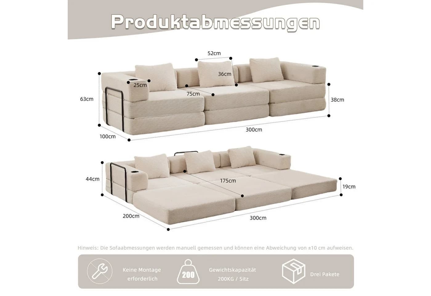 Leawin 3-Sitzer Sofa mit Bettfunktion Chenille Beige