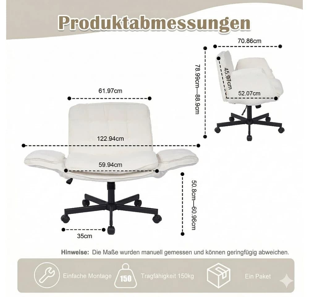 Leawin Ergonomischer Chenille Drehstuhl Weiß mit verstellbaren Armlehnen